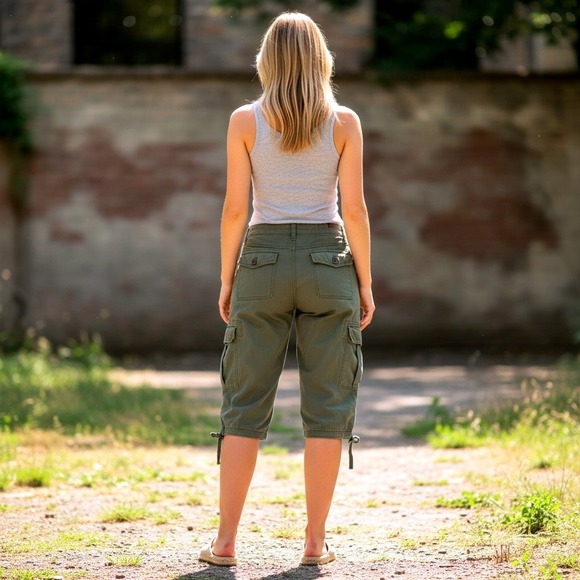 Unionbay Womens 7 Cargo Shorts Cotton Olive Green Longline Utility Y2K Gorpcore - Picture 2 of 9